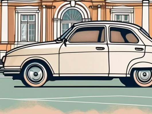 A car with a blank license plate parked in front of recognizable landmarks of karlsruhe city