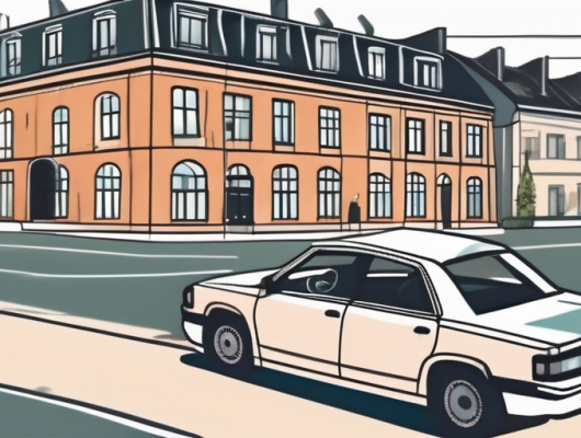 A potsdam cityscape with a car displaying a license plate