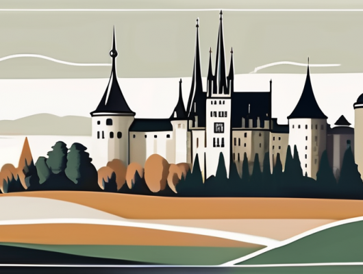 A scenic view of grafschaft bentheim with distinctive landmarks such as the castle and the rolling countryside