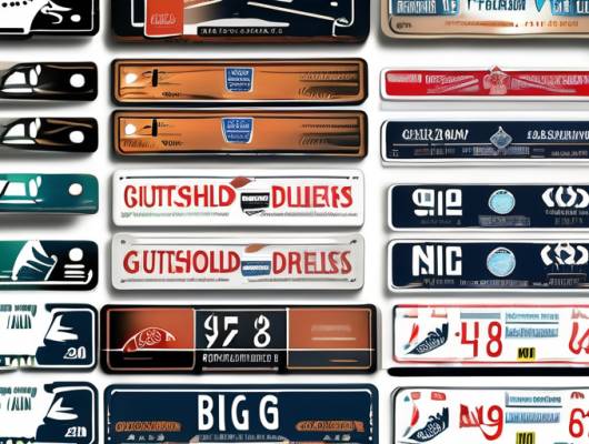A variety of gutschild license plate holders displayed in a neat row