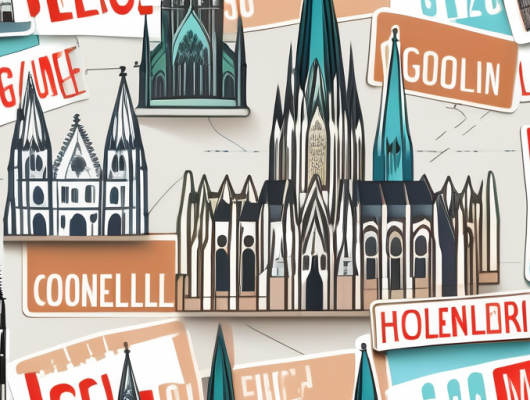 A variety of unique car license plates scattered across a stylized map of cologne