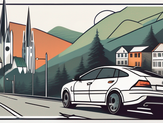 A scenic view of the bergisch gladbach city with its distinctive landmarks and a car driving on the road