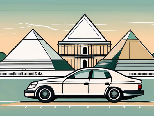 A car with a blank license plate parked in front of recognizable karlsruhe landmarks