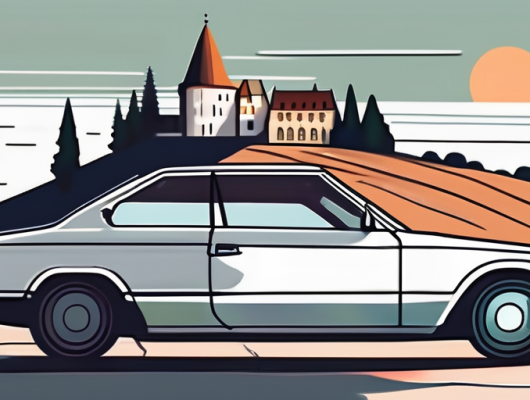 A car with a blank license plate parked in a scenic location in olpe