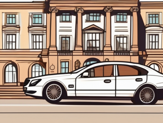 A car with a blank license plate parked in front of recognizable landmarks of karlsruhe