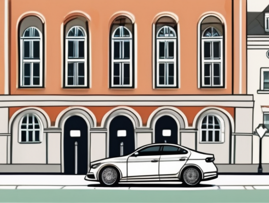 A car with a blank license plate parked in front of iconic augsburg landmarks