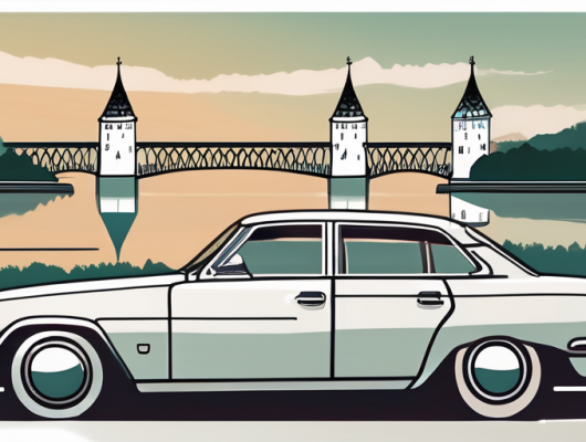 A car with a blank license plate parked in front of recognizable landmarks of saarbrücken