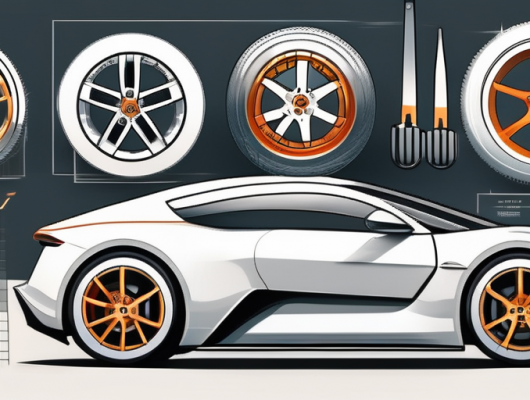 A sleek car with prominent wheels