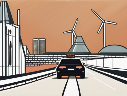 A car with a blank license plate parked near recognizable landmarks of essen