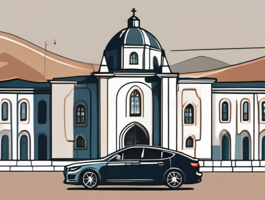 A car with an empty license plate parked in front of recognizable landmarks of erlangen