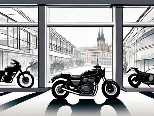 Several different types of motorcycles displayed in a showroom with the cityscape of ffb (fürstenfeldbruck