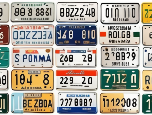 A variety of car license plates from different angles and perspectives