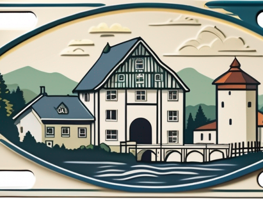 A car license plate with a scenic background of gummersbach city