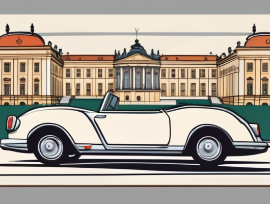 A car with a blank license plate parked in front of iconic landmarks of ludwigsburg