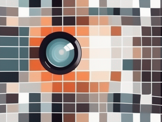 A camera lens focusing on a pixelated image