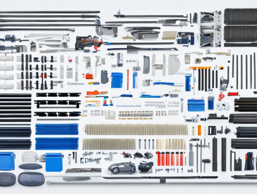 Auto Ersatzteile auf sauberer Werkbank fuer Fahrzeugwartung und -reparatur