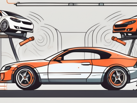 A car being transformed with various tuning tools and parts