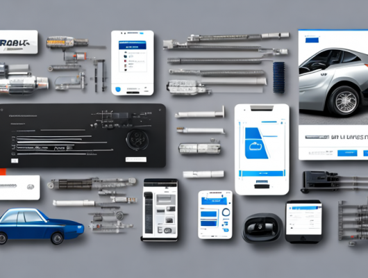 Verschiedene Autoteile wie Bremsbelaege, Filter und Zuendkerzen mit E-Commerce-Icons im digitalen Interface.