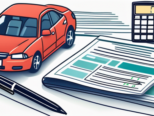 Verschiedene Kfz-Versicherungspolicen mit verschiedenen Deckungsoptionen und Praemien, nebem einem Taschenrechner und Stift fuer Budgetplanung.