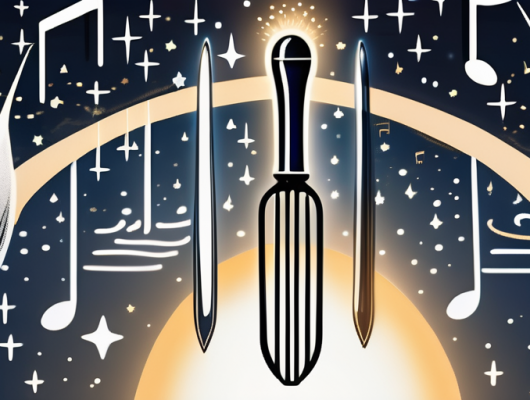 A magical tuning fork glowing with energy