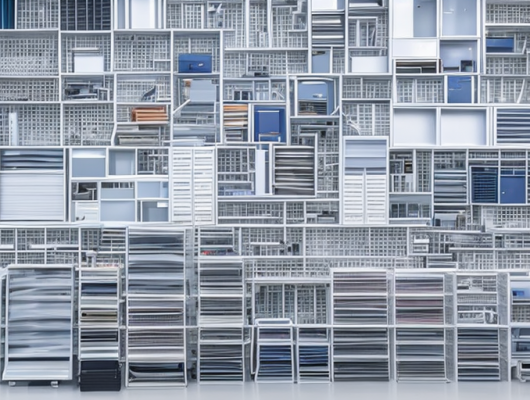 Nahaufnahme von ordentlich organisierten Autoteilen in hoher Qualitaet, vor moderner Werkstattkulisse.