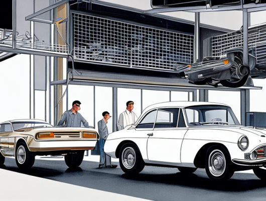 Klassisches Vintage-Auto auf Hebebuehne bei Unterboden-Inspektion in professioneller Werkstatt.