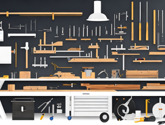 Elegante Autozubehoerteile auf Holztisch in gut beleuchtetem Werkstatt.