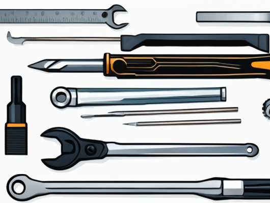 Automobilwerkzeuge auf Werkbank fuer Autotuning, einschliesslich Schraubenschluessel, Schraubenzieher und Diagnosegeraete.