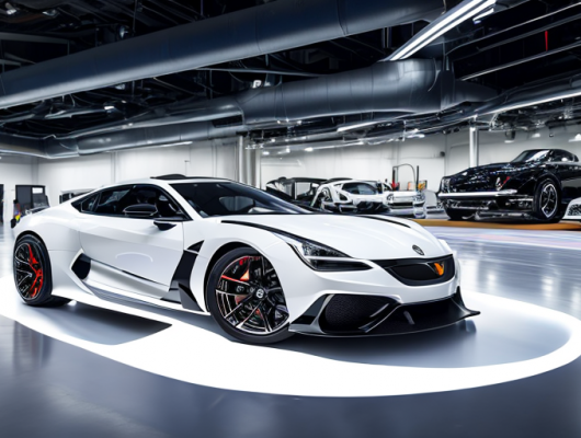 Hochwertige Autoteile auf polierter Oberflaeche vor High-Tech Werkstatt Hintergrund.