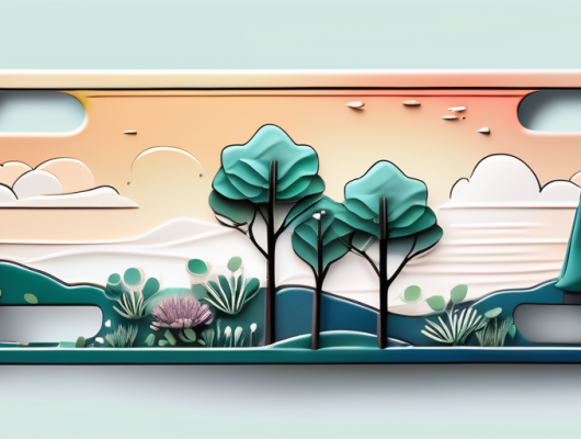 A 3d license plate surrounded by elements of nature like trees and flowers