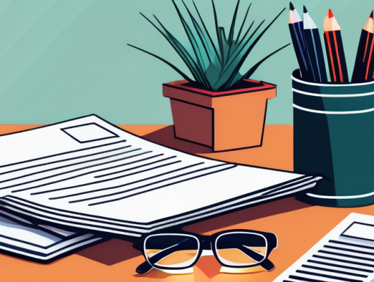 Verschiedene Kfz-Versicherungsdokumente, Policen und Broschueren ordentlich auf einem Schreibtisch arrangiert mit Taschenrechner und Brille, symbolisieren die komplexe Bewertung von Auto-Versicherungsdetails.