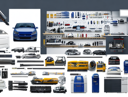 Verschiedene Autoteile ordentlich auf Werkbank in polierter Werkstatt fuer Vergleich und Qualitaet.