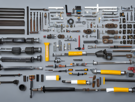 Autoteile und Werkzeuge auf Werkbank, zeigt Bremsbelaege, Filter, Zuendkerzen, symbolisiert praezise Wartung und Expertise.