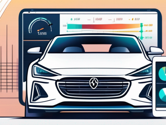 Nahaufnahme eines Autovorderendes mit Scheinwerfern und Kuehlergrill neben einem Tablet mit Grafiken und Diagrammen zu Kfz-Versicherungsvergleichen.