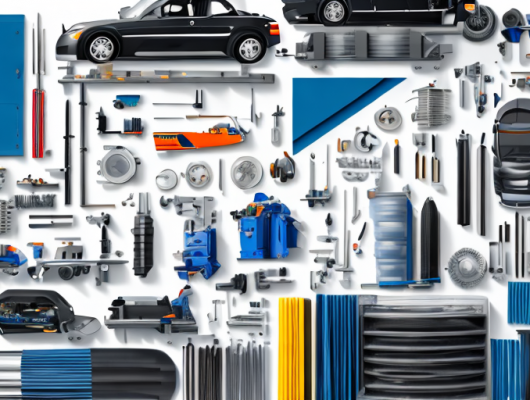 Hochwertige Autoersatzteile auf Werkbank im gut organisierten Autoreparaturshop.