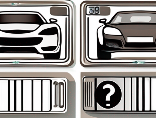 Three carbon license plates with question marks hovering above them