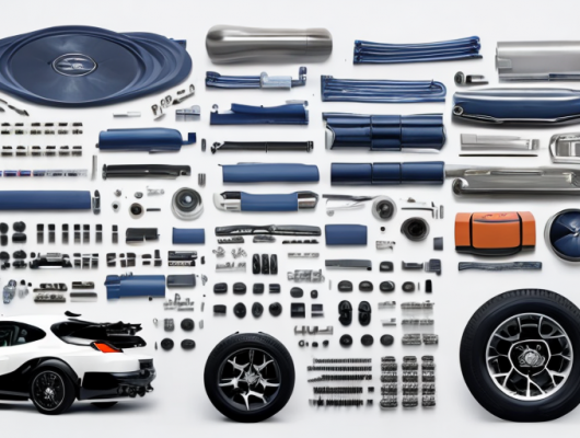 Autoersatzteile wie Motoren, Bremsen und Reifen auf professionellem Hintergrund