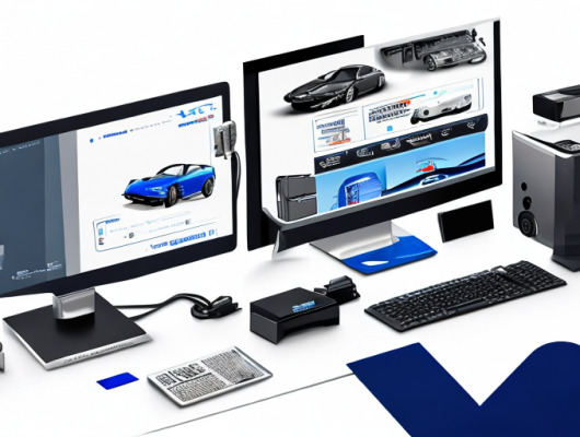 Computer mit geoeffnetem Browser zeigt Online-Autoteile-Shop, umgeben von Bremsbelaegen, Filtern und Werkzeugen.