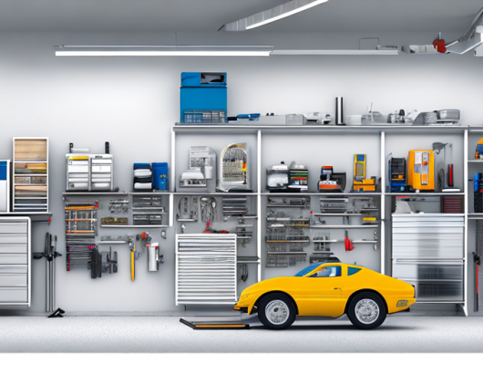 Organisierte Garage mit ordentlich angeordneten Autoteilen und Werkzeugen, helle Beleuchtung betont Sauberkeit und Effizienz.