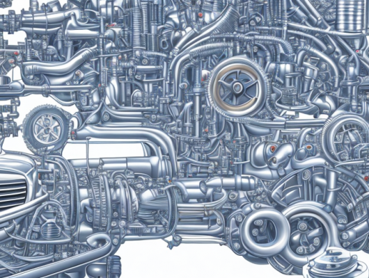 Nahaufnahme von Autoteilen wie Motorkomponenten und Werkzeugen in einer gut organisierten Werkstatt für regelmaessige Wartung.
