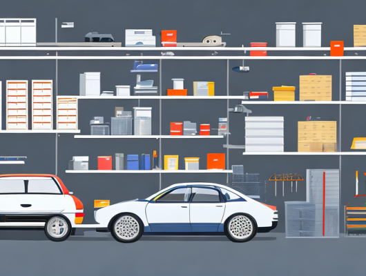 Gut organisierte Garage mit ordentlich angeordneten Autoteilen und Fahrzeug in Arbeit, zeigt erschwingliche Autoteile fuer Wartung und Reparaturen.