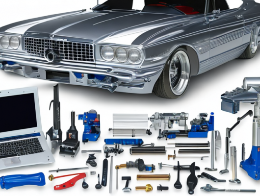 Saubere Autoteile und Werkzeuge in ordentlicher Werkstatt betonen Qualitaet und Präzision in der Autopflege.