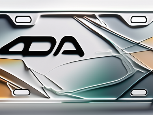 A 3d license plate with a transparent layer peeling back to reveal the inner technology and components