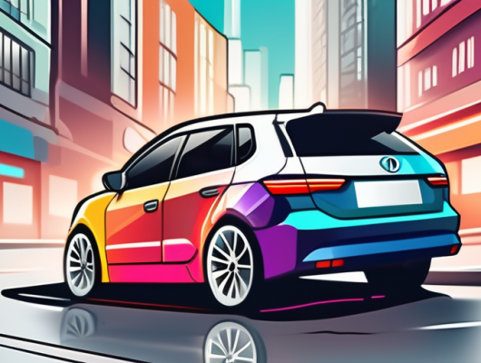 A 3d car license plate artistically designed with abstract shapes and vibrant colors