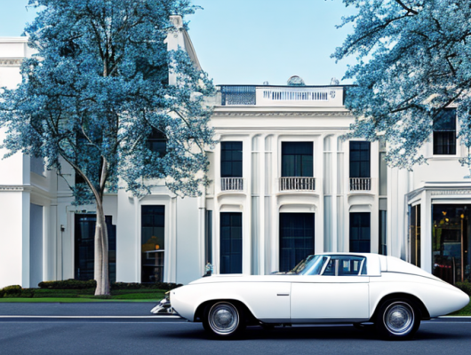 Eleganter Oldtimer vor historischem Gebaeude unter klarem Himmel.