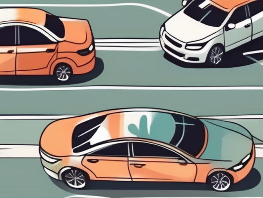 A car with interchangeable license plates navigating smoothly through a busy city traffic scene