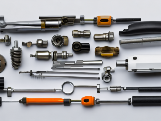 Auto Ersatzteile wie Bremsbelaege, Filter und Zuendkerzen mit Werkzeugen auf weissem Hintergrund.