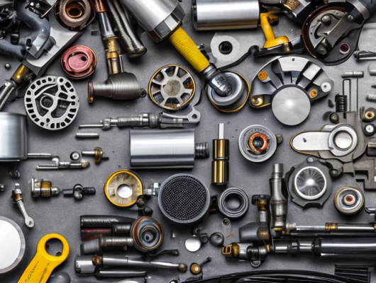 Naheaufnahme von Autoersatzteilen wie Bremsbelaege, Filter und Zuendkerzen auf Werkbank in professioneller Werkstatt.