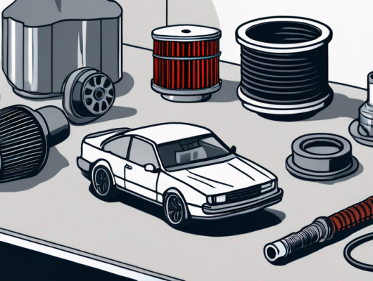 Hochleistungs-Autoteile wie Turbolader, Hochleistungs-Luftfilter und fortschrittliche Zuendkerzen auf einer sauberen, gut beleuchteten Arbeitsflaeche.