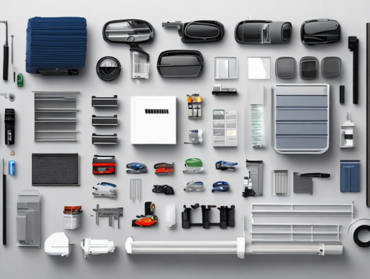 Ordentlich organisierter Arbeitsplatz mit hochwertigen Autoteilen, Werkzeugen und Zubehoer fuer effiziente DIY-Autowartung.